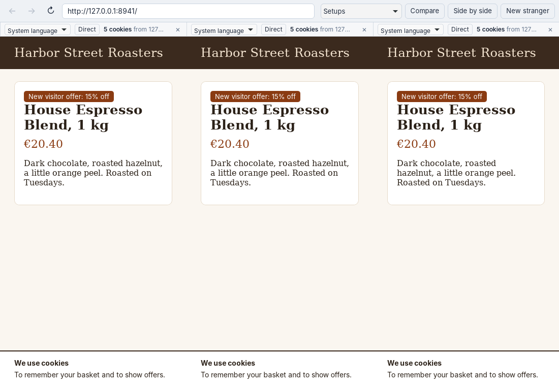 Unweb with three strangers side by side on a made-up coffee shop page. Each strip says five cookies from the site, and all three get the new visitor offer.